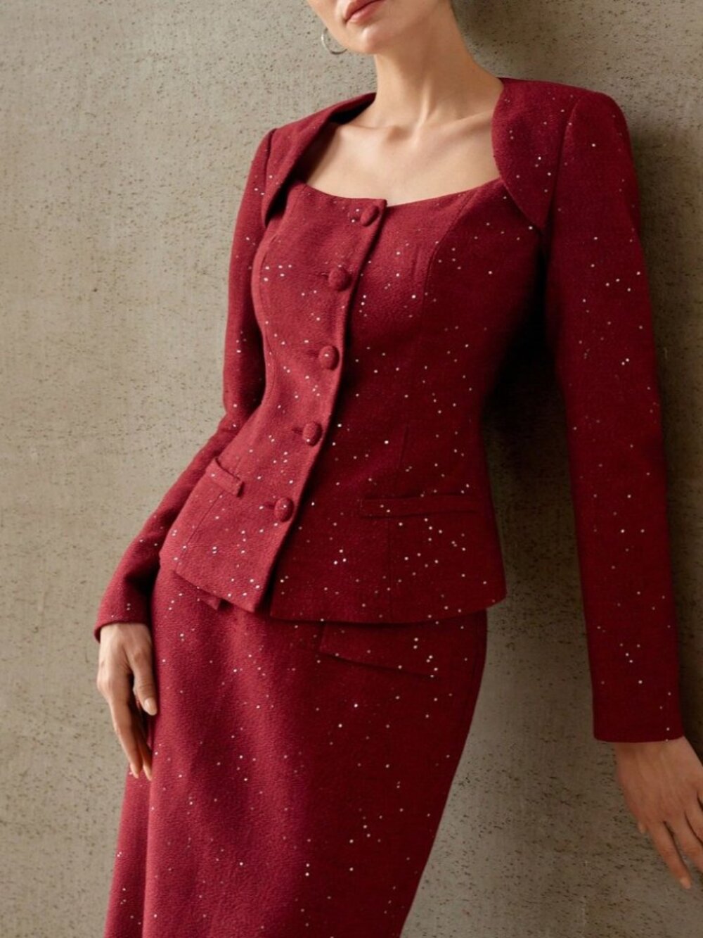 Burgundy Speckled Dot Tweed Square Neck Button Front Fitted Blazer